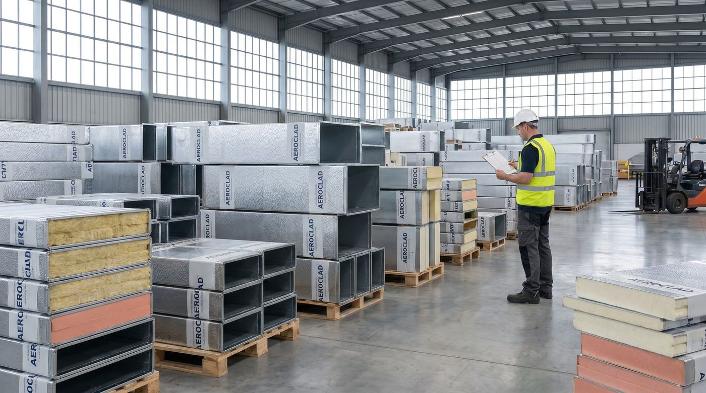 PRE-FAB · 공장 일체 제작 후 파레트 적재, 출하 대기
