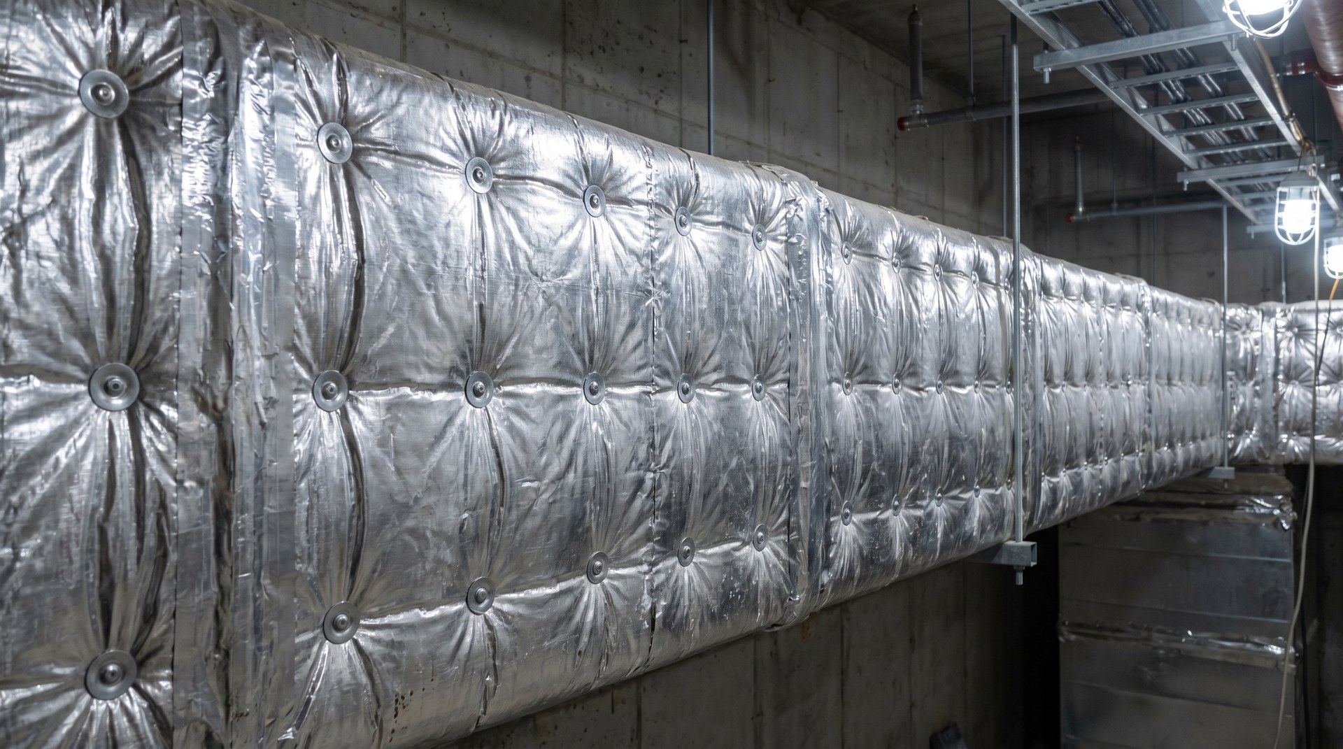 Smoke Exhaust Fan Room · Rectangular GI duct with continuous 24K glasswool blanket wrap + visible cup-head pin grid + aluminum FSK foil facing
