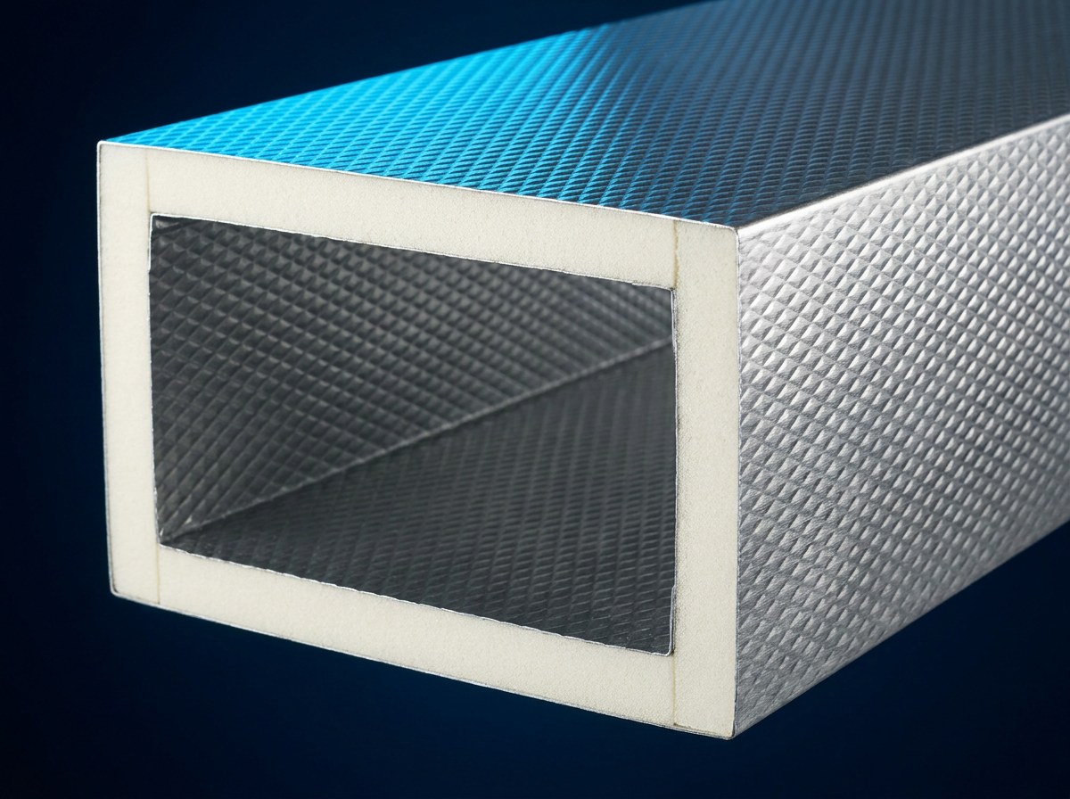 AEROCLAD Urethane PIR 복합덕트 단면 · 60µm 엠보싱 알루미늄 외피 + 화이트 PIR 폼 코어